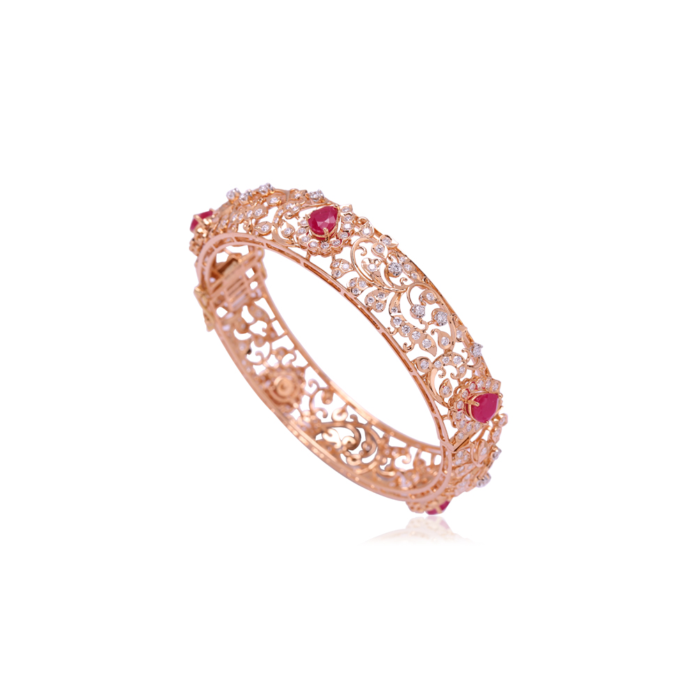 Charming Ruby And Diamond Floral Bangle