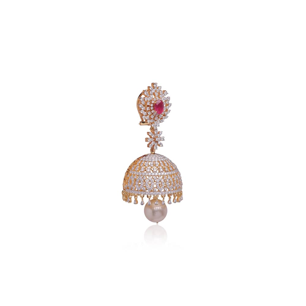 Dazzling Ruby Pearl Diamond Jhumkas