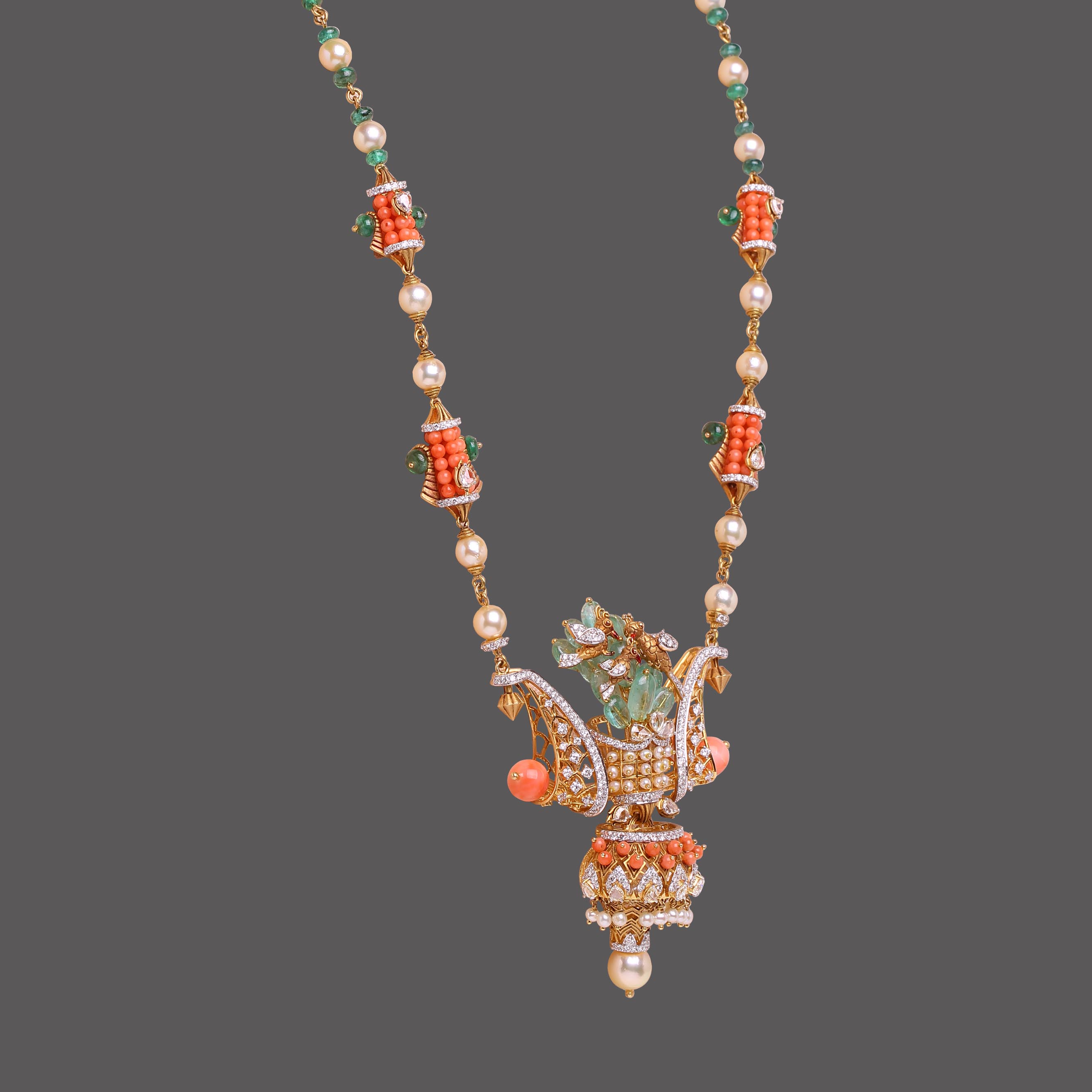 Coral and Emerald Bird Necklace