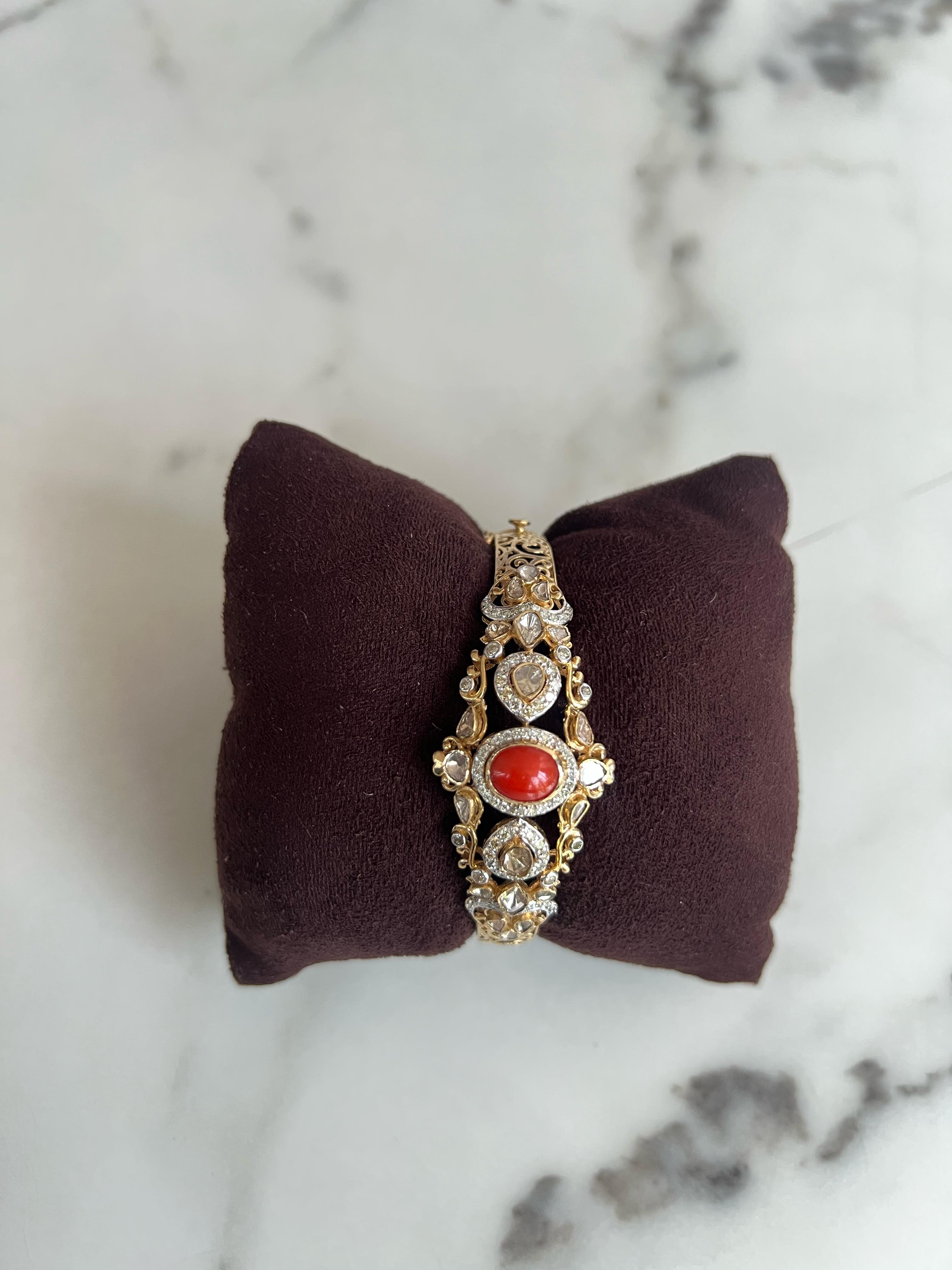 Traditional Kada with coral and polki