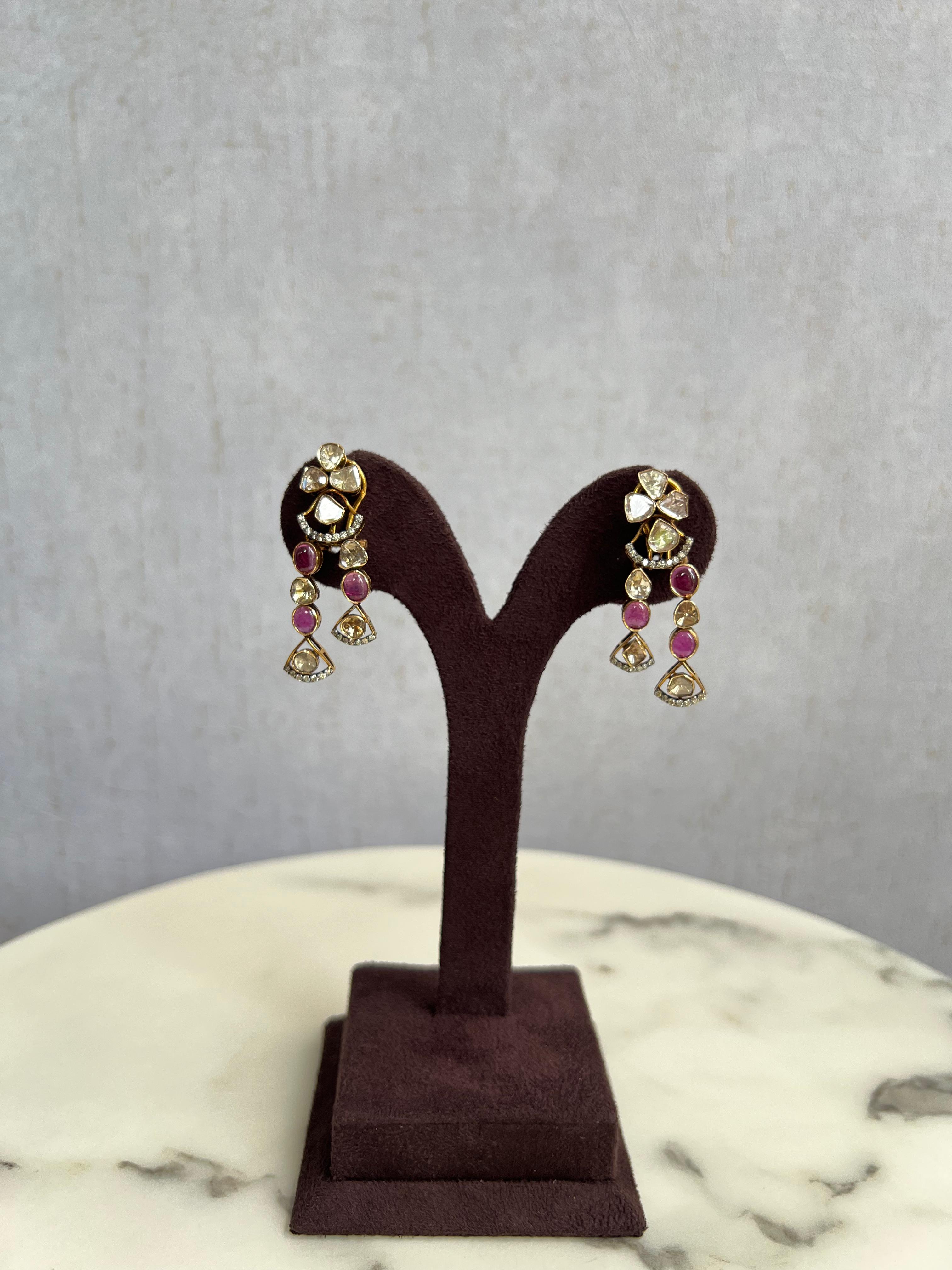 Gleaming Polki Earrings with Bangkok Ruby