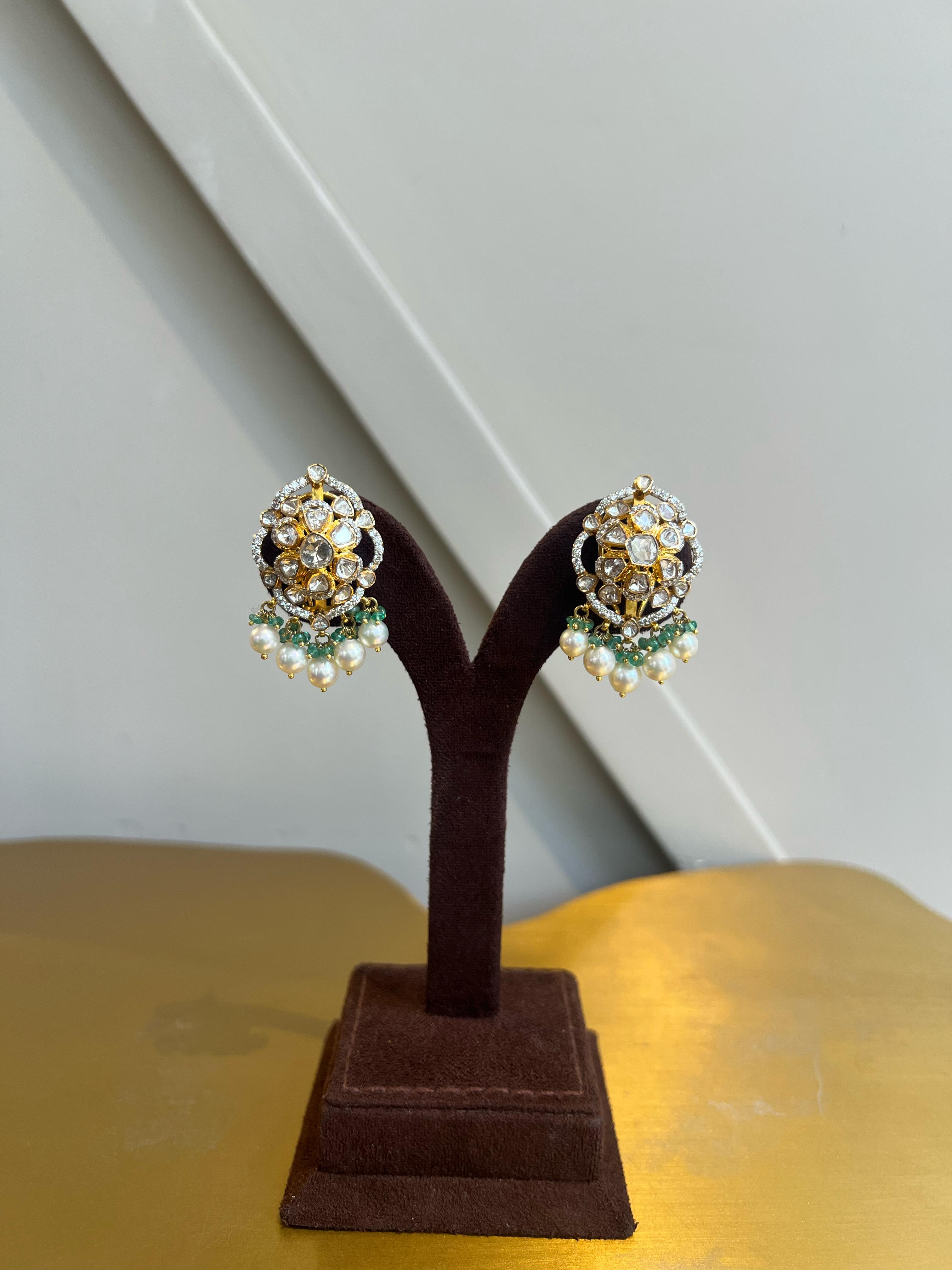 Polki earrings with Emerald and Pearls