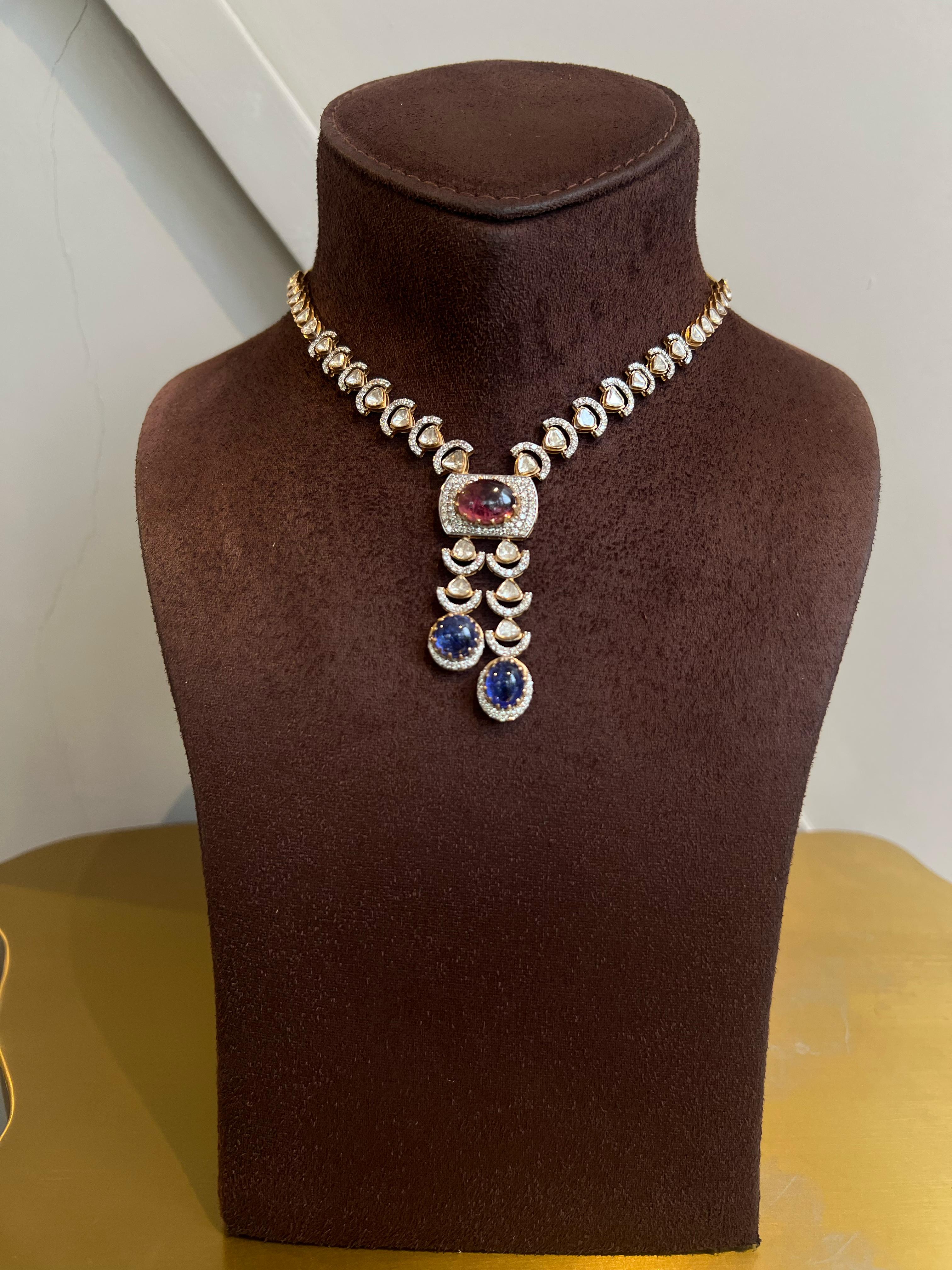 Polki Necklace with Tourmaline and Tanzanite