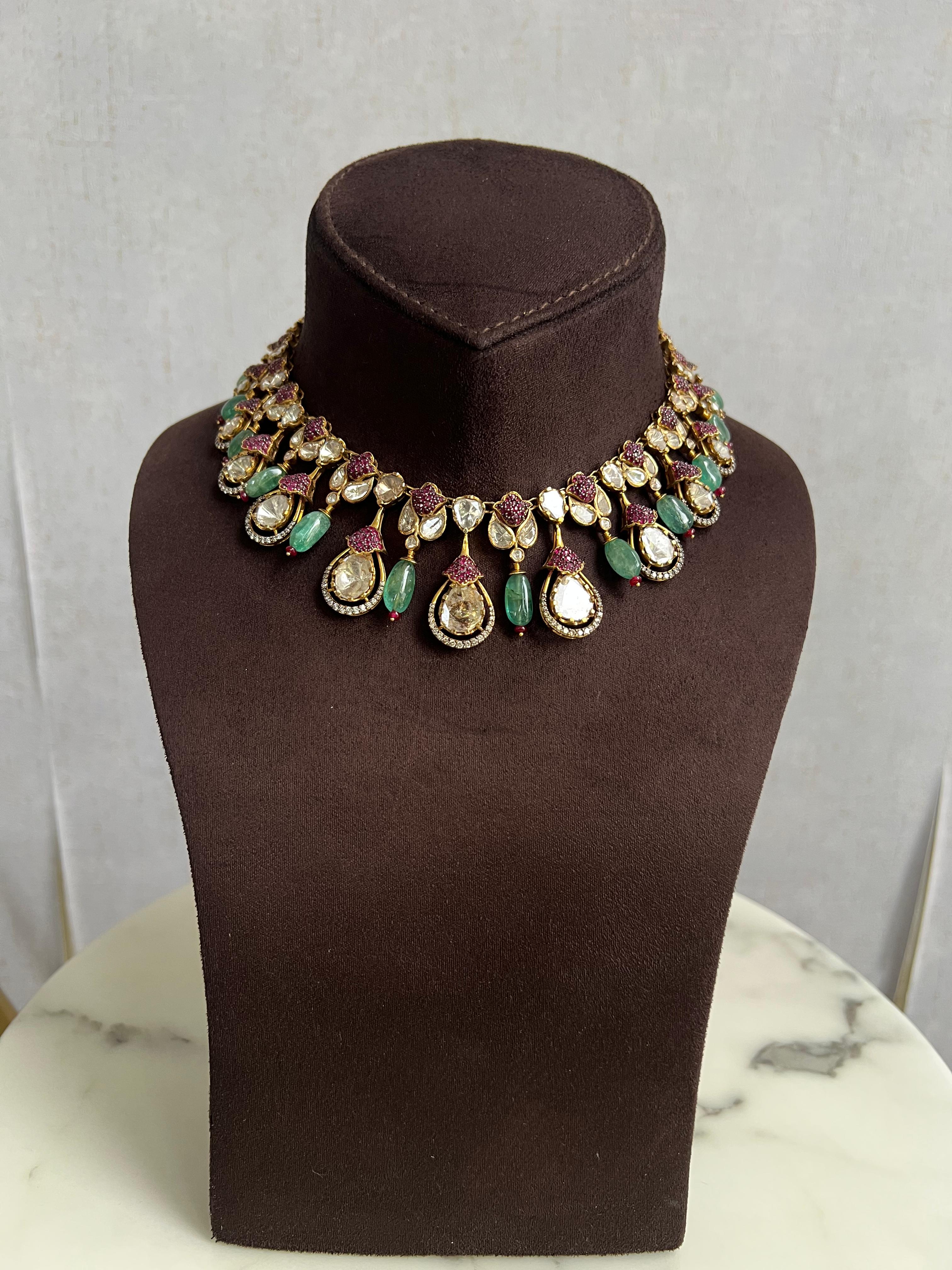 Stunning Polki Necklace with Emerald Beads and Rubies Stunning Polki Necklace with Emerald Beads and Rubies